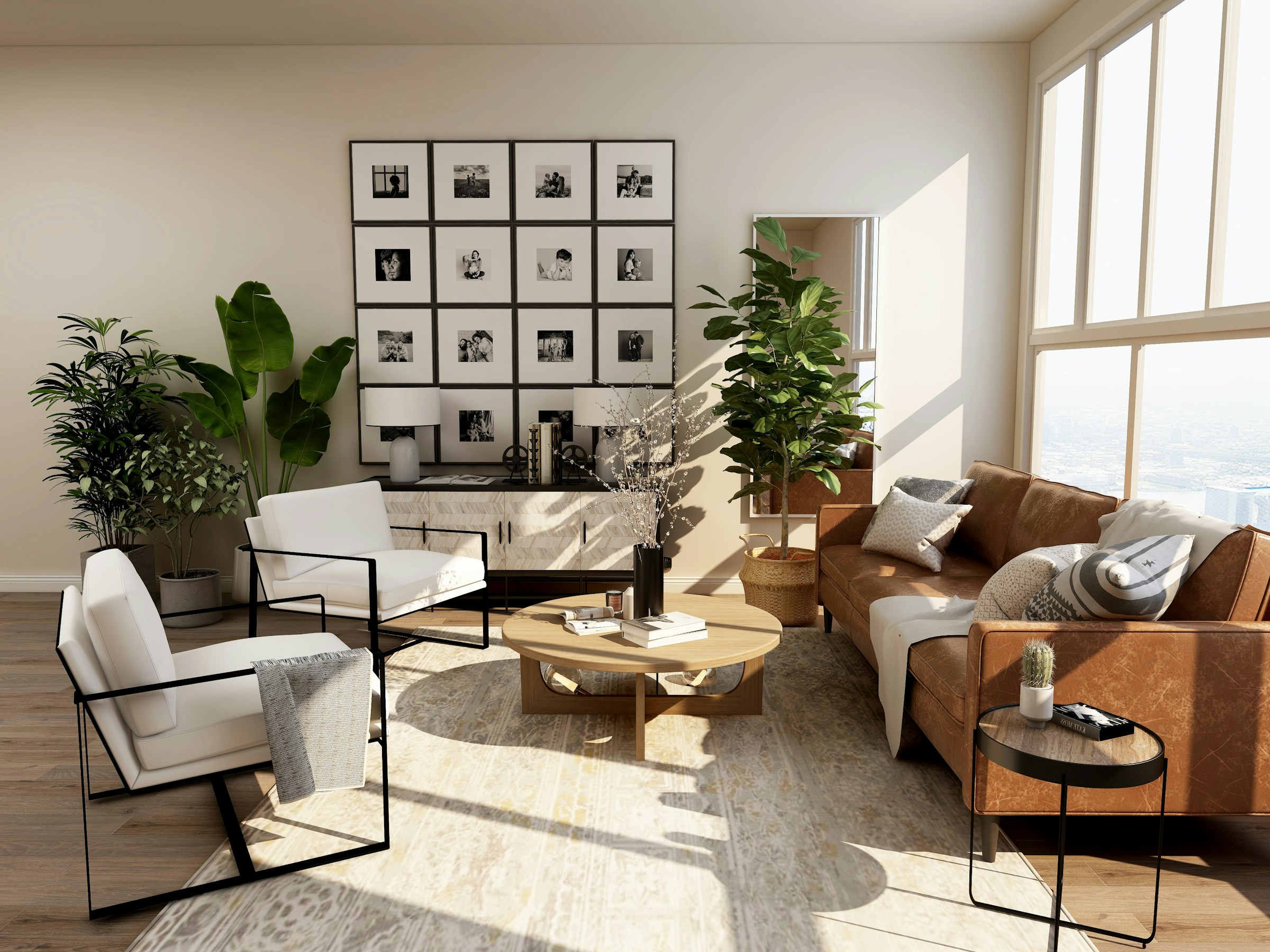 A thoughtfully furnished living room with textured upholstery and natural light
